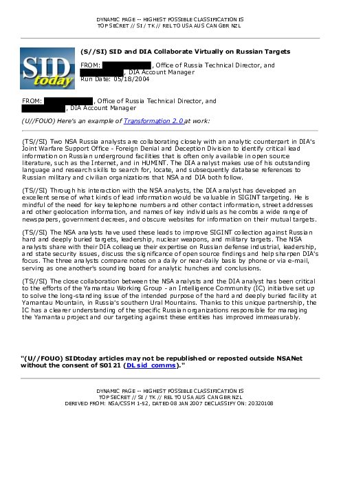 (S//SI) SID and DIA Collaborate Virtually on Russian Targets