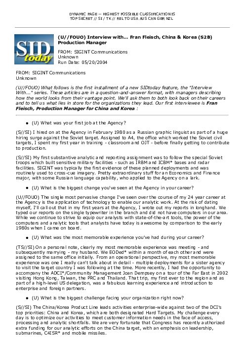 (U//FOUO) Interview with... Fran Fleisch, China &amp; Korea (S2B) Production Manager