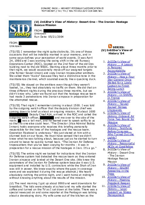 (U) <i>InSIDer's View of History</i>: Desert One - The Iranian Hostage Rescue Mission