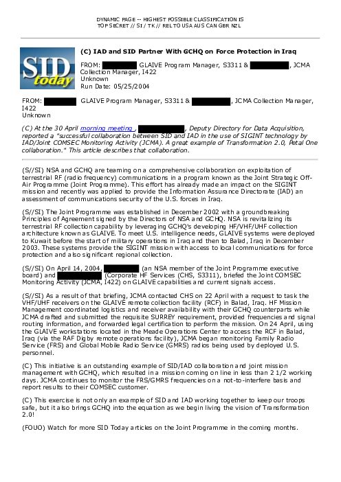 (C) IAD and SID Partner With GCHQ on Force Protection in Iraq