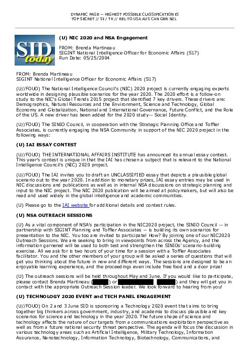 (U) NIC 2020 and NSA Engagement