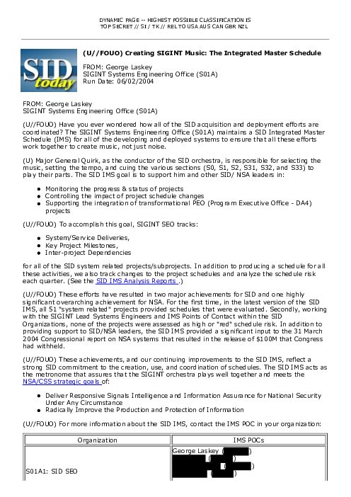 (U//FOUO) Creating SIGINT Music: The Integrated Master Schedule