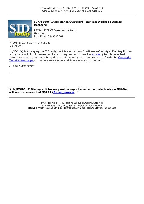 (U//FOUO) Intelligence Oversight Training: Webpage Access Restored