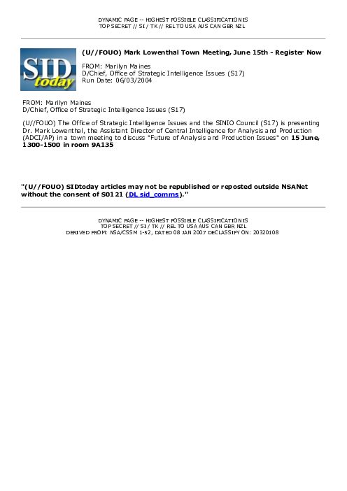 (U//FOUO) Mark Lowenthal Town Meeting, June 15th - Register Now