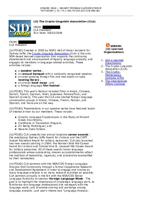 (U) The Crypto-Linguistic Association (CLA)
