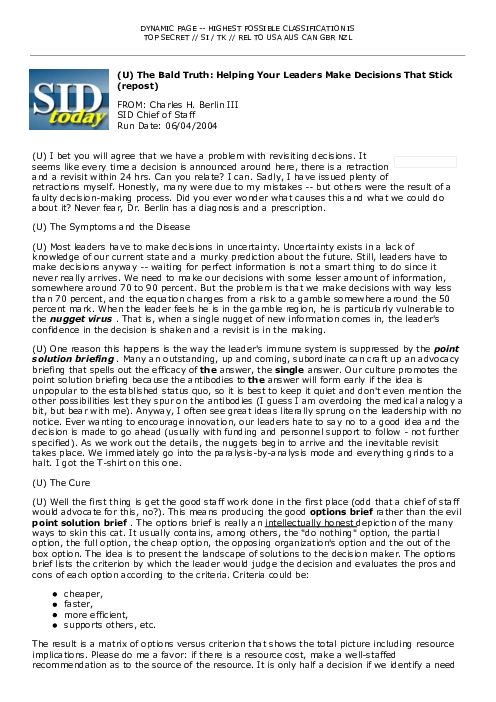 2004-06-04 SIDToday - The Bald Truth Helping Your Leaders Make Decisions That Stick repost