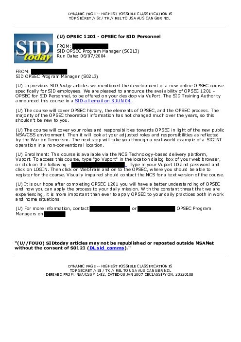 (U) OPSEC 1201 - OPSEC for SID Personnel