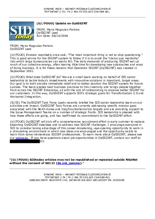 (U//FOUO) Update on OpSIGINT