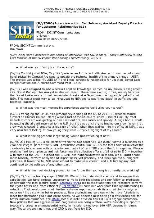(U//FOUO) Interview with... Carl Johnson, Assistant Deputy Director for Customer Relationships (S1)