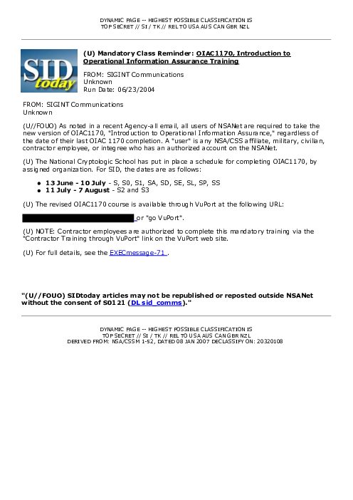 (U) Mandatory Class Reminder: <u>OIAC1170, Introduction to Operational Information Assurance Training</u>