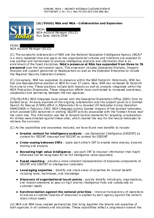 (U//FOUO) NSA and NGA - Collaboration and Expansion