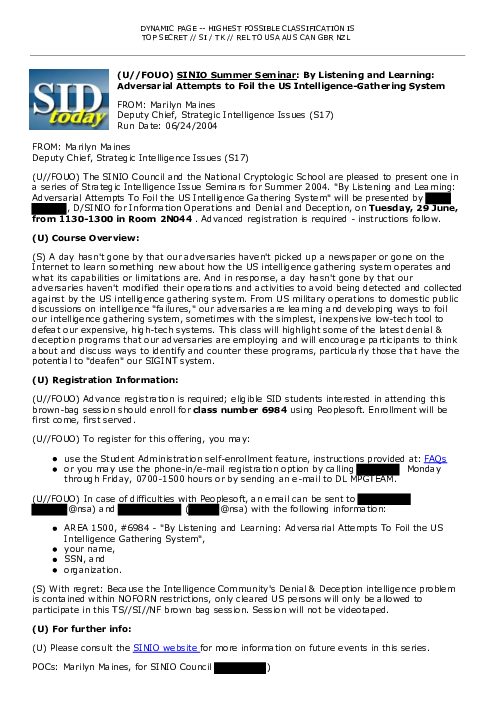 (U//FOUO) <u>SINIO Summer Seminar</u>: By Listening and Learning: Adversarial Attempts to Foil the US Intelligence-Gathering System