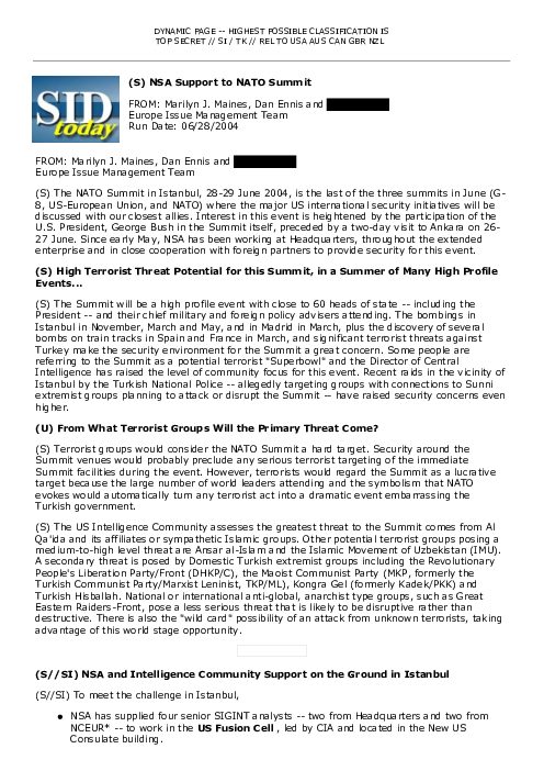(S) NSA Support to NATO Summit