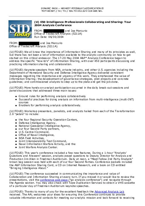 (U) 450 Intelligence Professionals Collaborating and Sharing: Your 2004 Analysis Conference