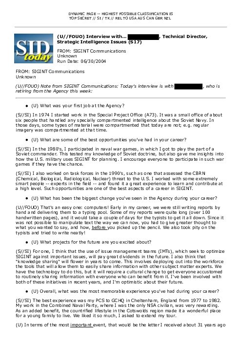 (U//FOUO) Interview with... Tom Sullivan, Technical Director, Strategic Intelligence Issues (S17)