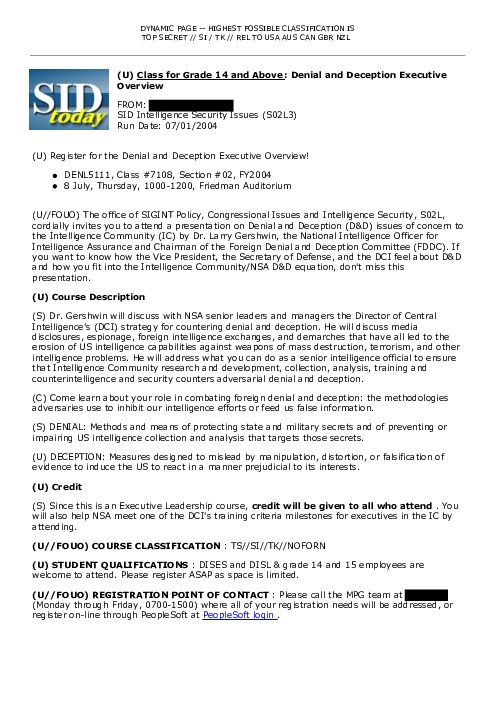 (U) <u>Class for Grade 14 and Above</u>: Denial and Deception Executive Overview