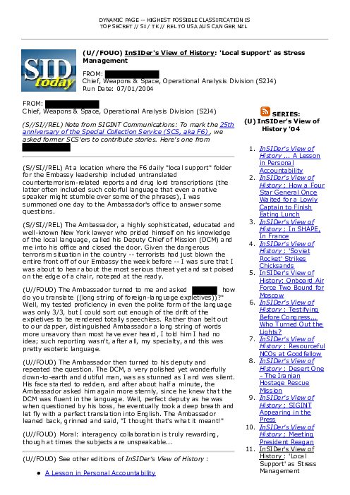 (U//FOUO) <u>InSIDer's View of History</u>: 'Local Support' as Stress Management