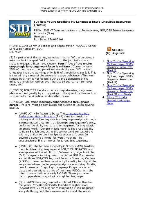 (U) Now You're Speaking My Language: NSA's Linguistic Resources (Part II)