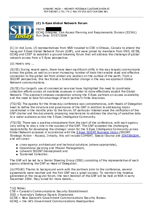 2004-07-07 SIDToday - 5-Eyes Global Network Forum