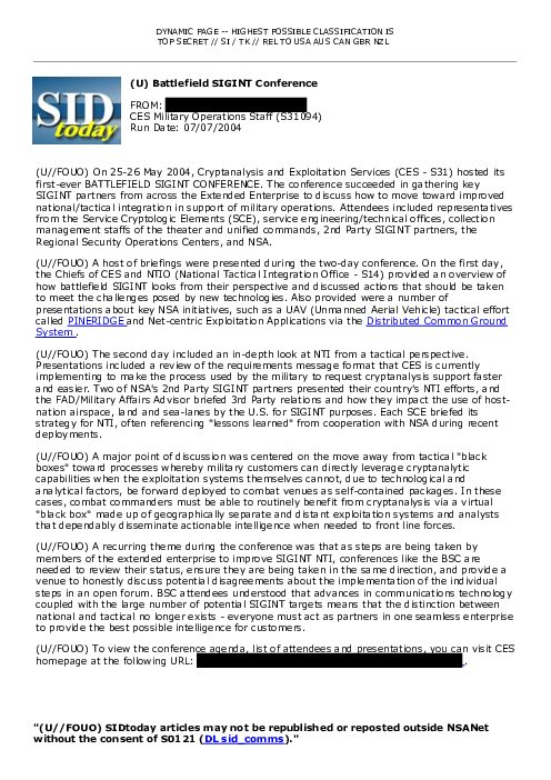 2004-07-07 SIDToday - Battlefield SIGINT Conference
