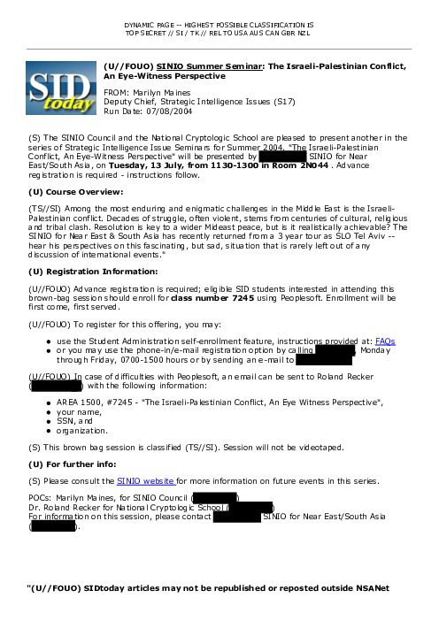 2004-07-08 SIDToday - SINIO Summer Seminar The Israeli-Palestinian Conflict An Eye-Witness Perspective