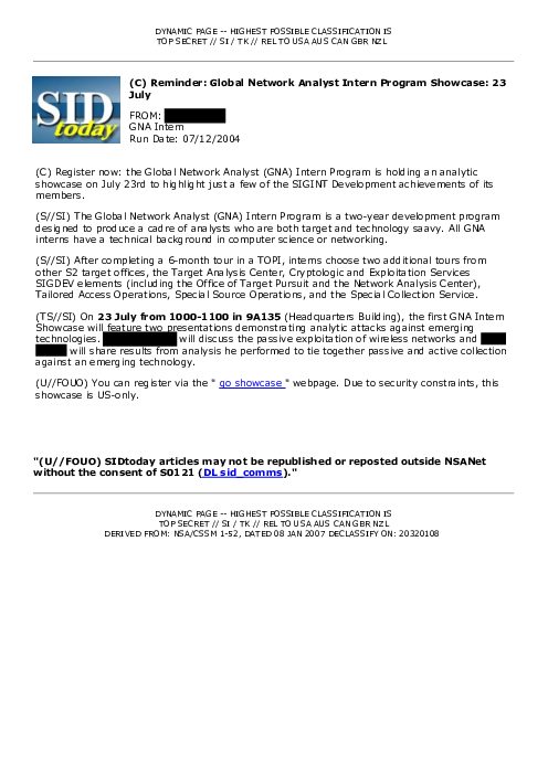 2004-07-12 SIDToday - Reminder Global Network Analyst Intern Program Showcase 23 July