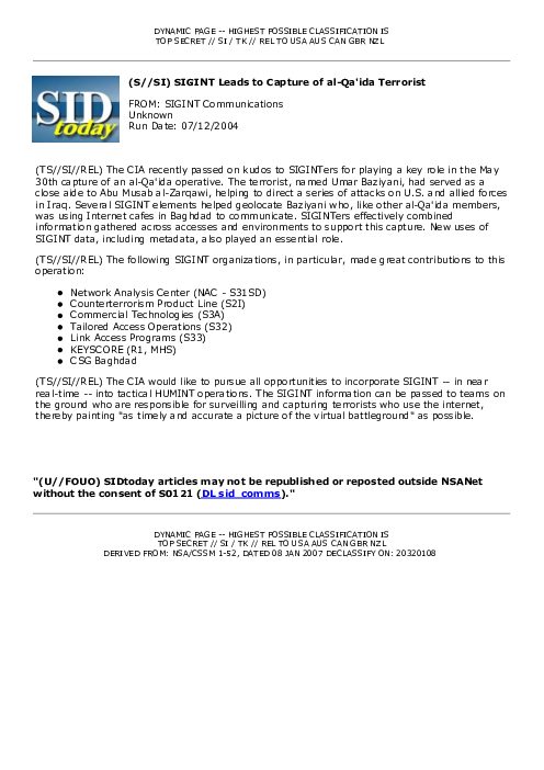 2004-07-12 SIDToday - SIGINT Leads to Capture of al-Qaida Terrorist