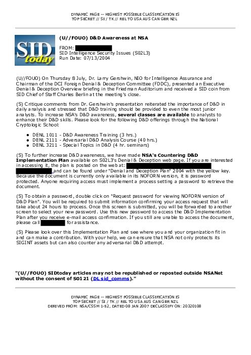 (U//FOUO) D&amp;D Awareness at NSA