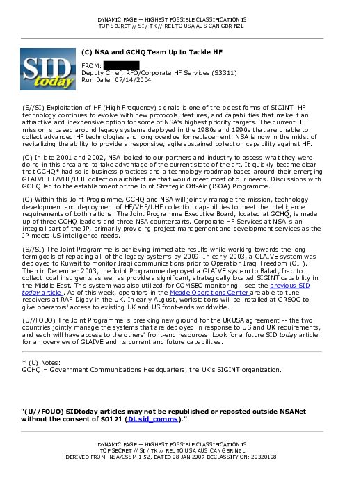 2004-07-14 SIDToday - NSA and GCHQ Team Up to Tackle HF