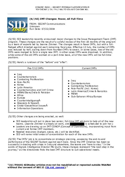 (S//SI) IMT Changes: Fewer, All Full-Time