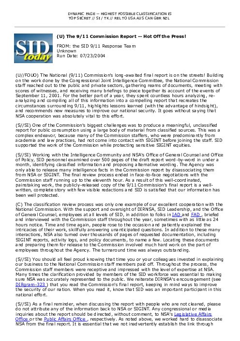 2004-07-23 SIDToday - The 911 Commission Report -- Hot Off the Press