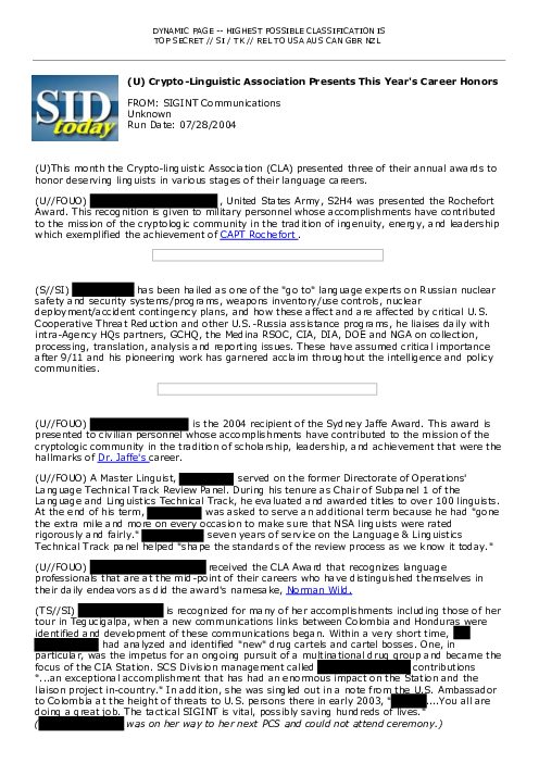 2004-07-28 SIDToday - Crypto-Linguistic Association Presents This Years Career Honors