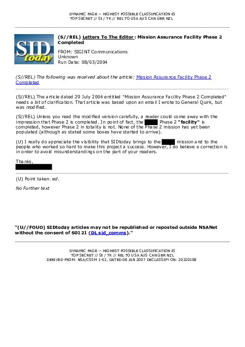 (S//REL) <u>Letters To The Editor</u>: Mission Assurance Facility Phase 2 Completed