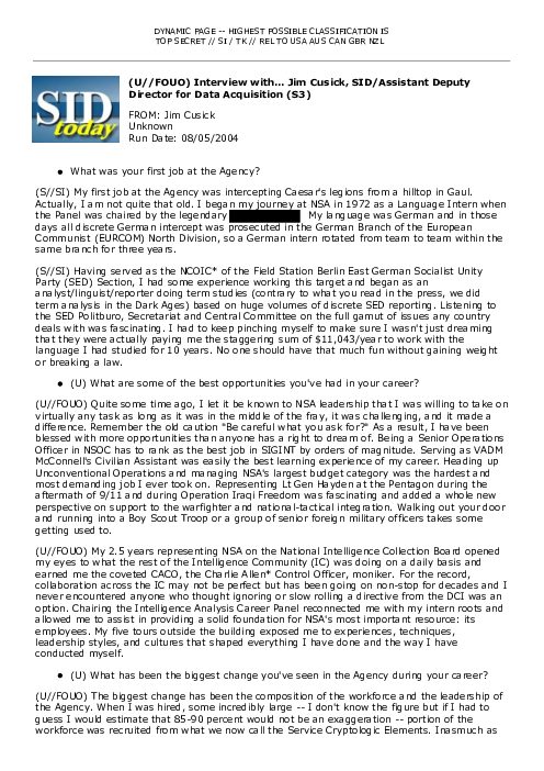 (U//FOUO) Interview with... Jim Cusick, SID/Assistant Deputy Director for Data Acquisition (S3)