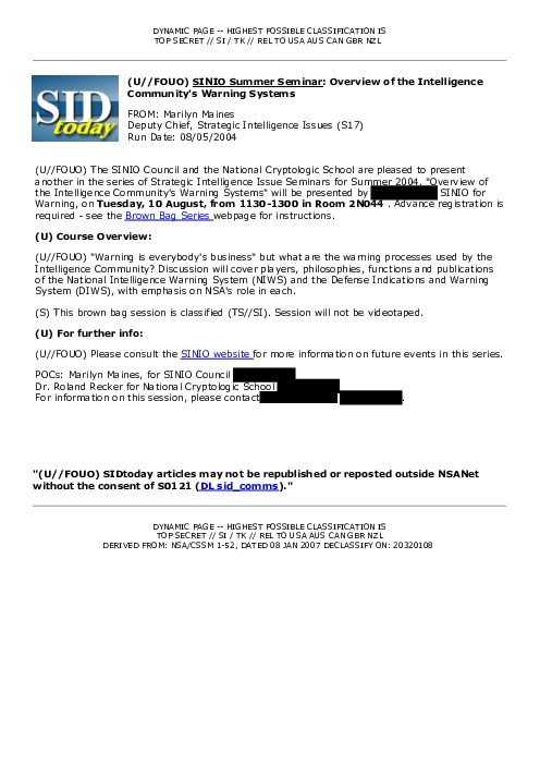 2004-08-05 SIDToday - SINIO Summer Seminar Overview of the Intelligence Communitys Warning Systems