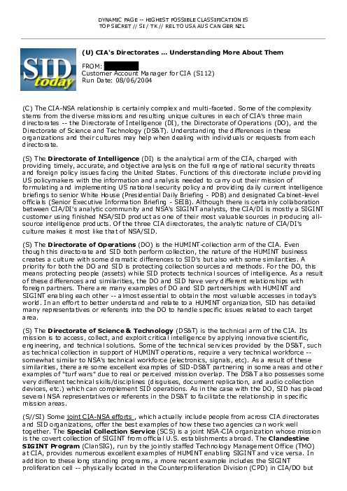2004-08-06 SIDToday - CIAs Directorates Understanding More About Them
