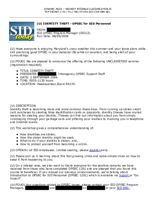 (U) IDENTITY THEFT - OPSEC for SID Personnel