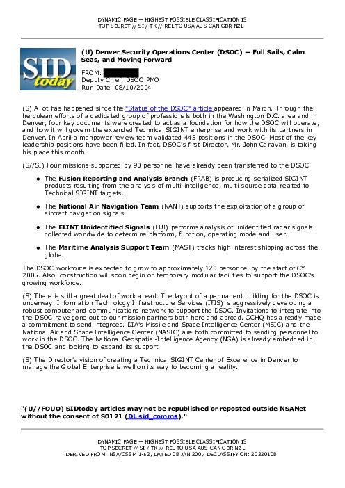 2004-08-10 SIDToday - Denver Security Operations Center DSOC -- Full Sails Calm Seas and Moving Forward