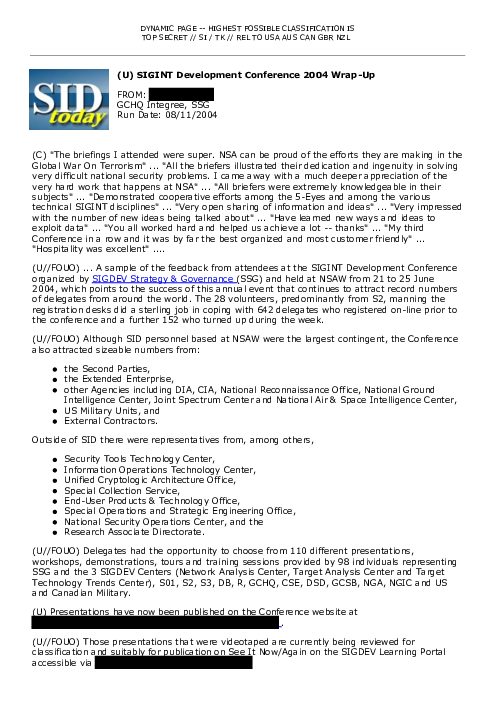 2004-08-11 SIDToday - SIGINT Development Conference 2004 Wrap-Up
