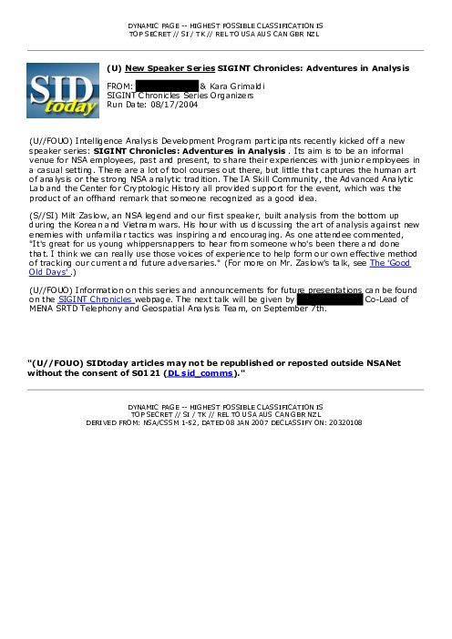 2004-08-17 SIDToday - New Speaker Series SIGINT Chronicles Adventures in Analysis