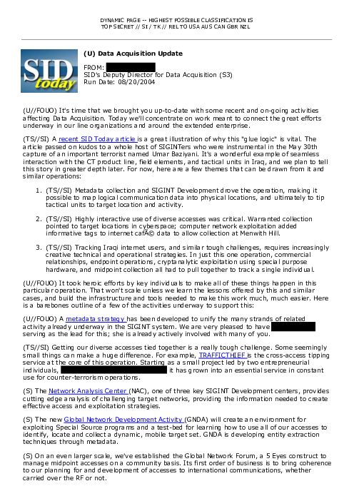 (U) Data Acquisition Update