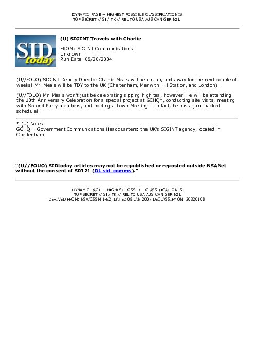 2004-08-20 SIDToday - SIGINT Travels with Charlie