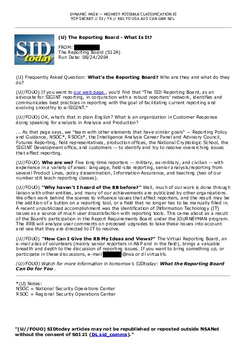 (U) The Reporting Board - What Is It?