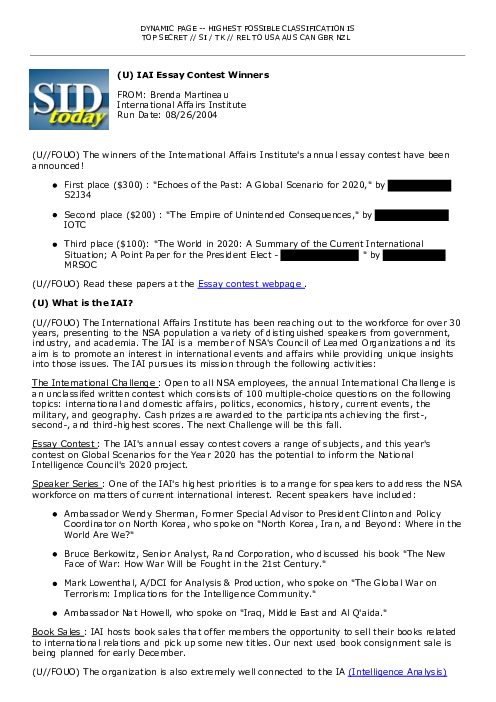 (U) IAI Essay Contest Winners