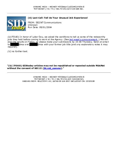 2004-09-01 SIDToday - Last Call Tell Us Your Unusual Job Experience