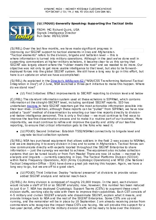 2004-09-02 SIDToday - Generally Speaking Supporting the Tactical Units