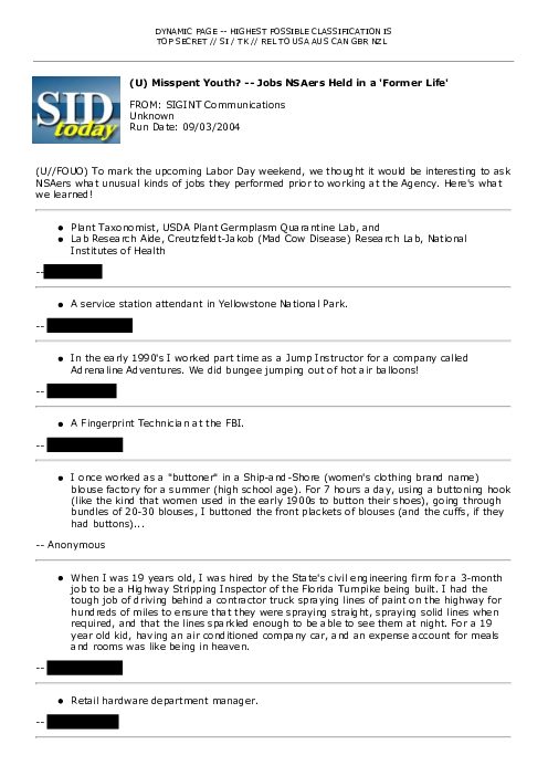 2004-09-03 SIDToday - Misspent Youth -- Jobs NSAers Held in a Former Life