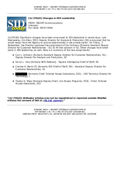 (U//FOUO) Changes in SID Leadership