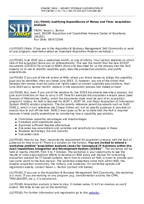 2004-09-07 SIDToday - Justifying Expenditures of Money and Time Acquisition Analysis