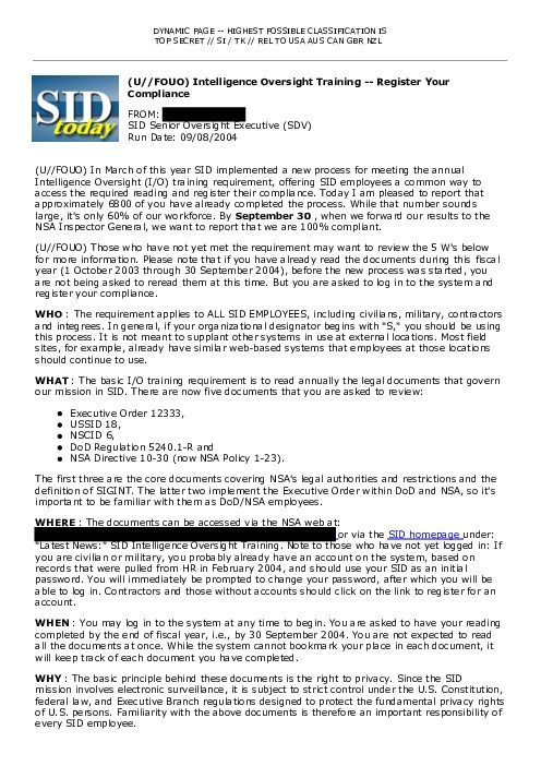 (U//FOUO) Intelligence Oversight Training -- Register Your Compliance